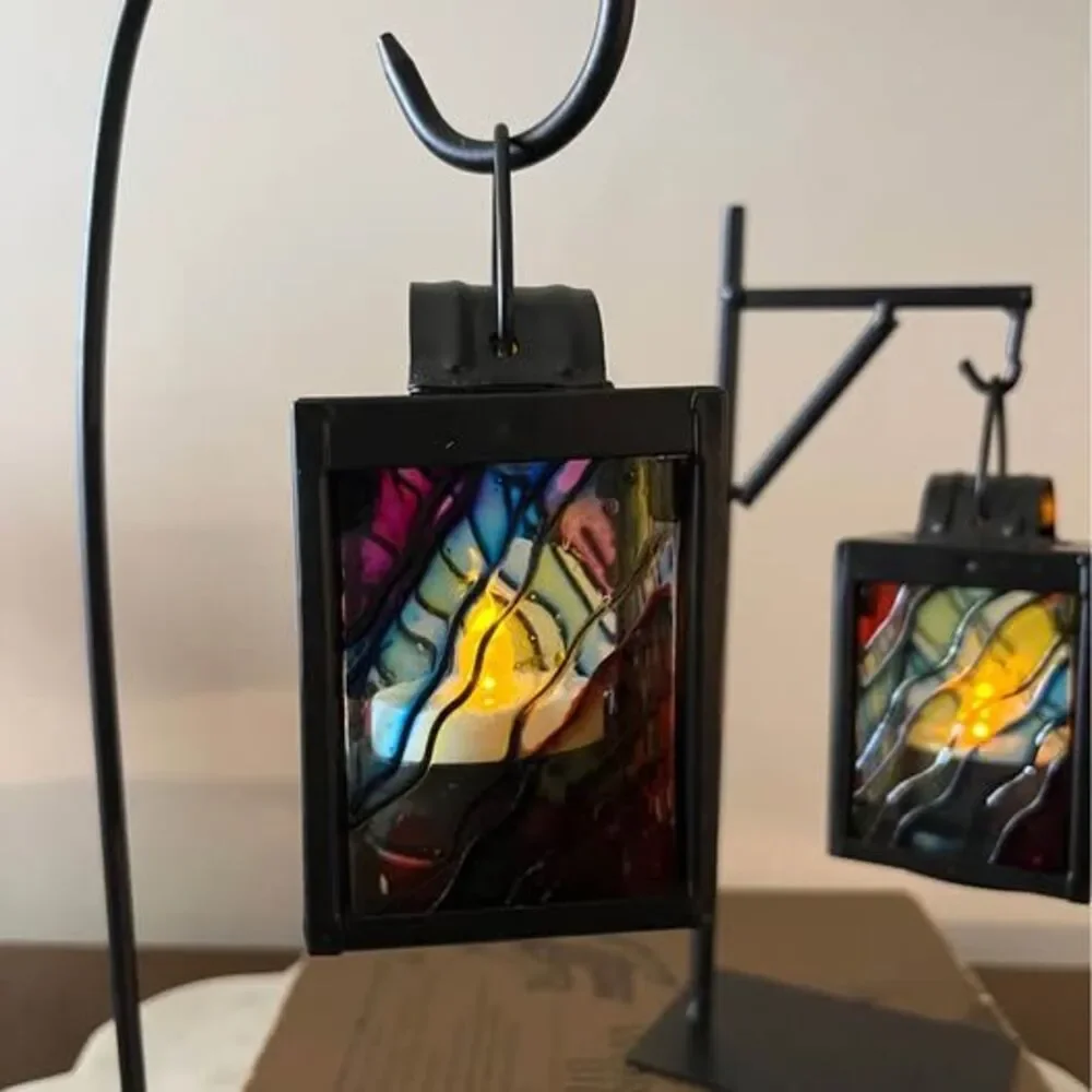 Set of 2 Stained Glass Style Hanging Lanterns with Black Metal Stands